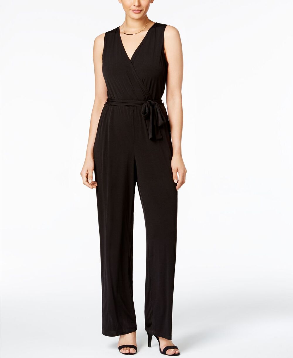 NY Collection Women's Matte Black Jersey V-Neck Jumpsuit NWT Petite XL